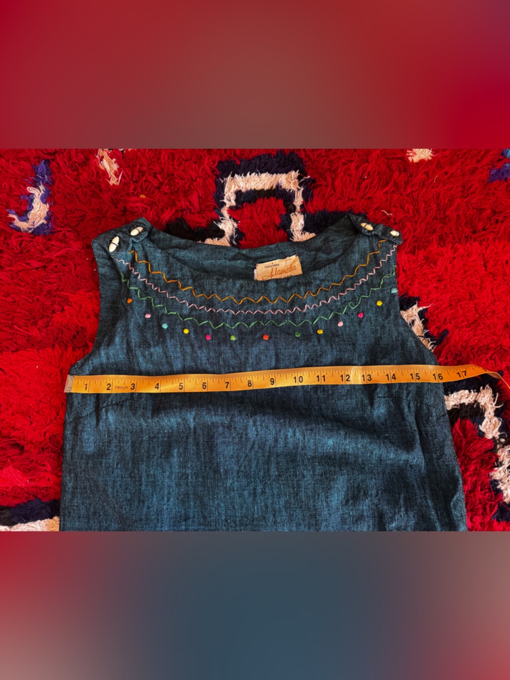 60s Vintage Blue Linen Mexican Tourist Dress w Embroidered Suns Sz SM - Picture 8 of 11